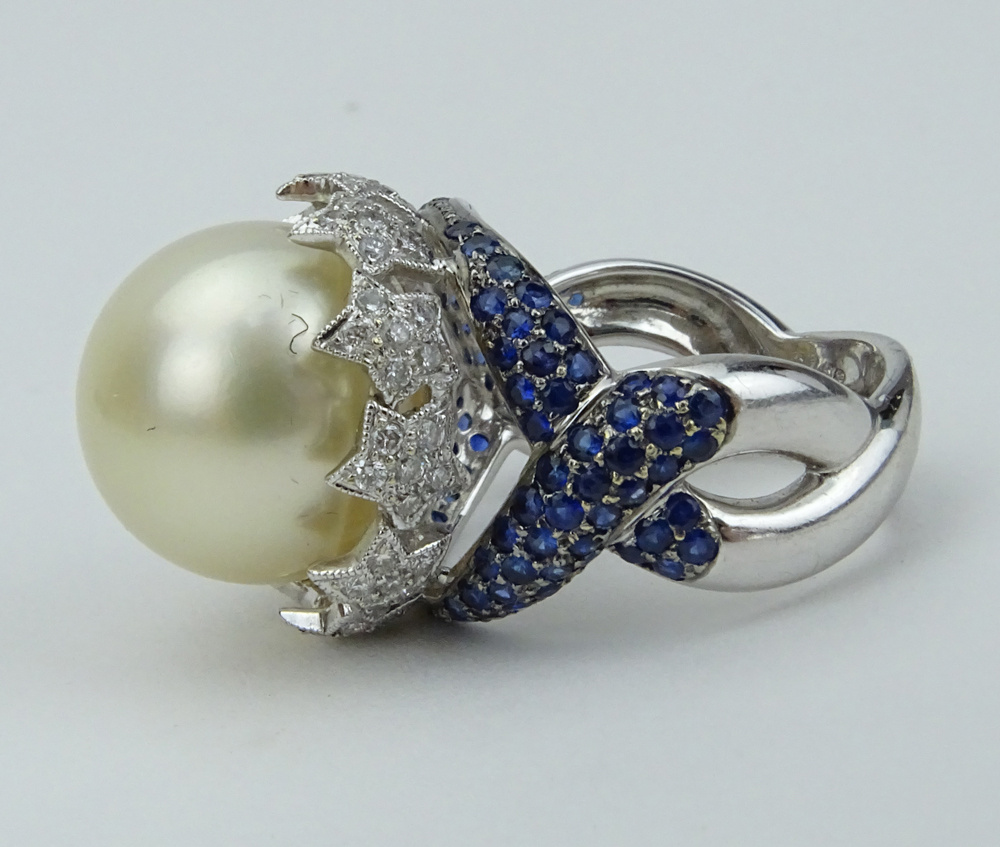 14.5mm South Sea Pearl, Pave Set Sapphire, Diamond and 18 Karat White Gold Ring.