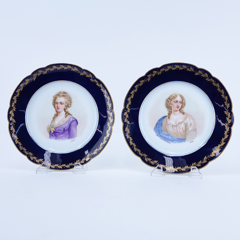 Pair of 19/20th Century Sevres Chateau de St Cloud Cobalt and Gilt Hand painted Cabinet Plates