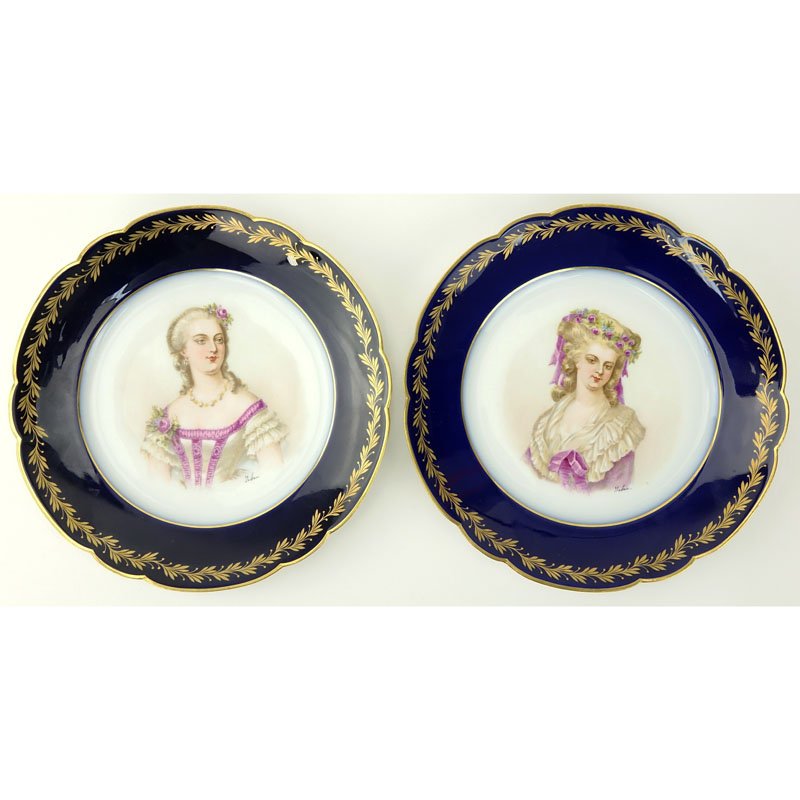 Pair of 19/20th Century Sevres Chateau de St Cloud Cobalt and Gilt Hand painted Cabinet Plates