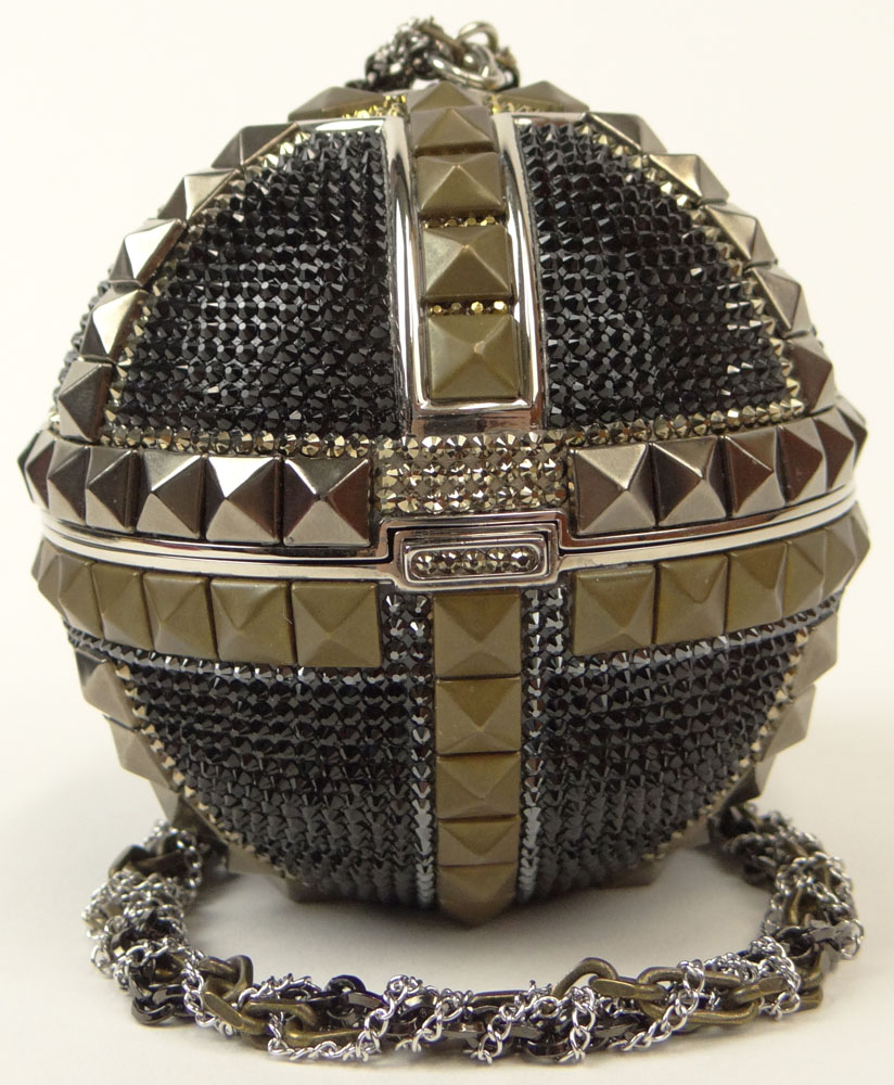 Brand New Judith Leiber Black Crystal Pyramid Studded Sphere Disco Holiday Ball Clutch Minaudière Evening Bag with 18 Inch Chain Strap and Applied Jet Decoration