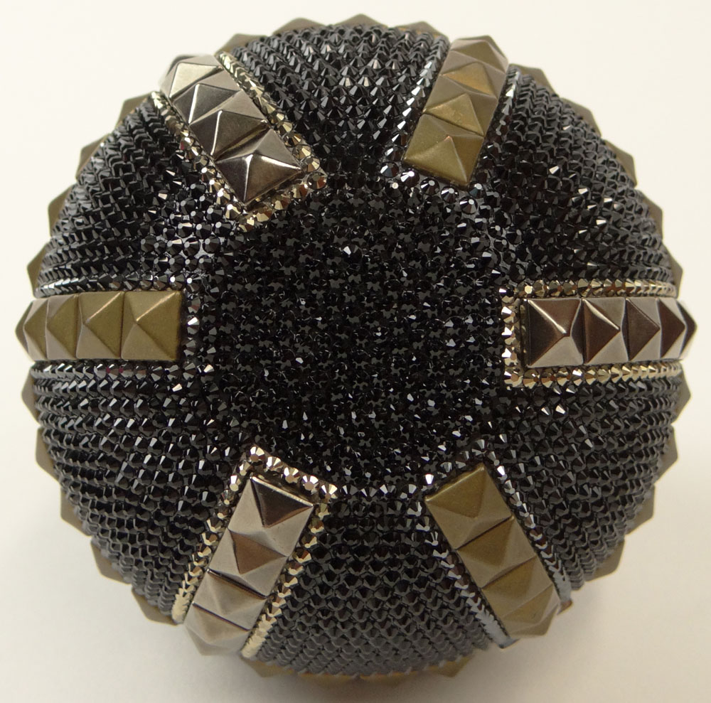 Brand New Judith Leiber Black Crystal Pyramid Studded Sphere Disco Holiday Ball Clutch Minaudière Evening Bag with 18 Inch Chain Strap and Applied Jet Decoration