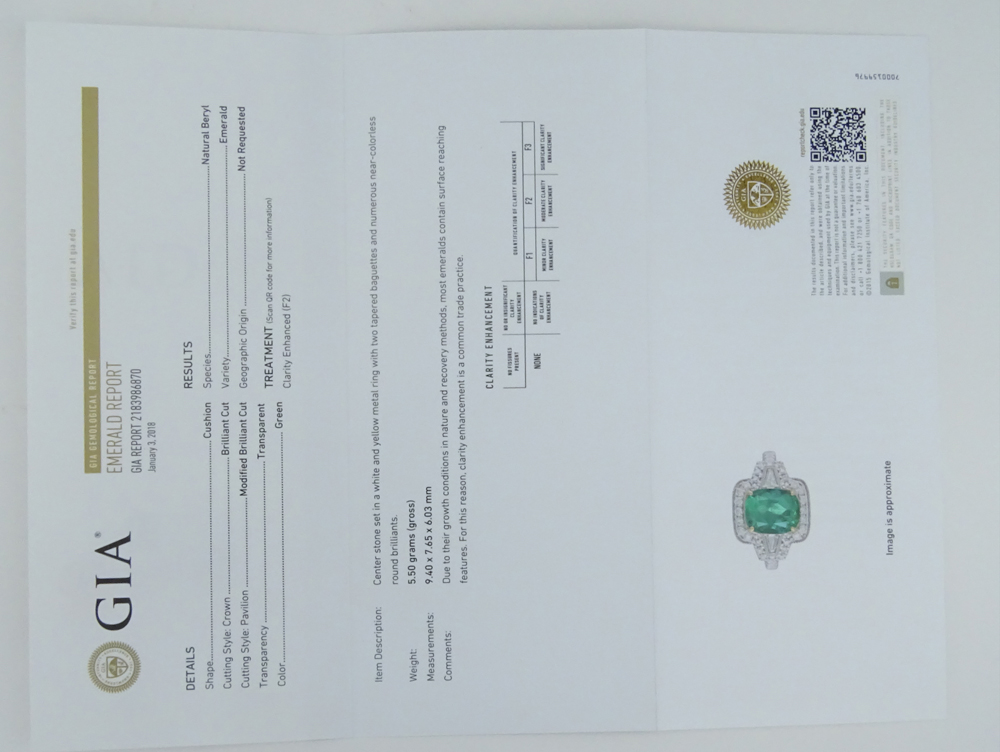 GIA Certified and Rodrigo Giraldo Certified Colombian Emerald, Diamond and 18 Karat White Gold Ring