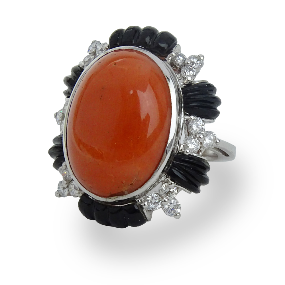 Cabochon Red Coral, Diamond, Onyx and 18 Karat White Gold Ring