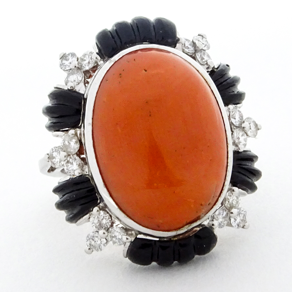 Cabochon Red Coral, Diamond, Onyx and 18 Karat White Gold Ring