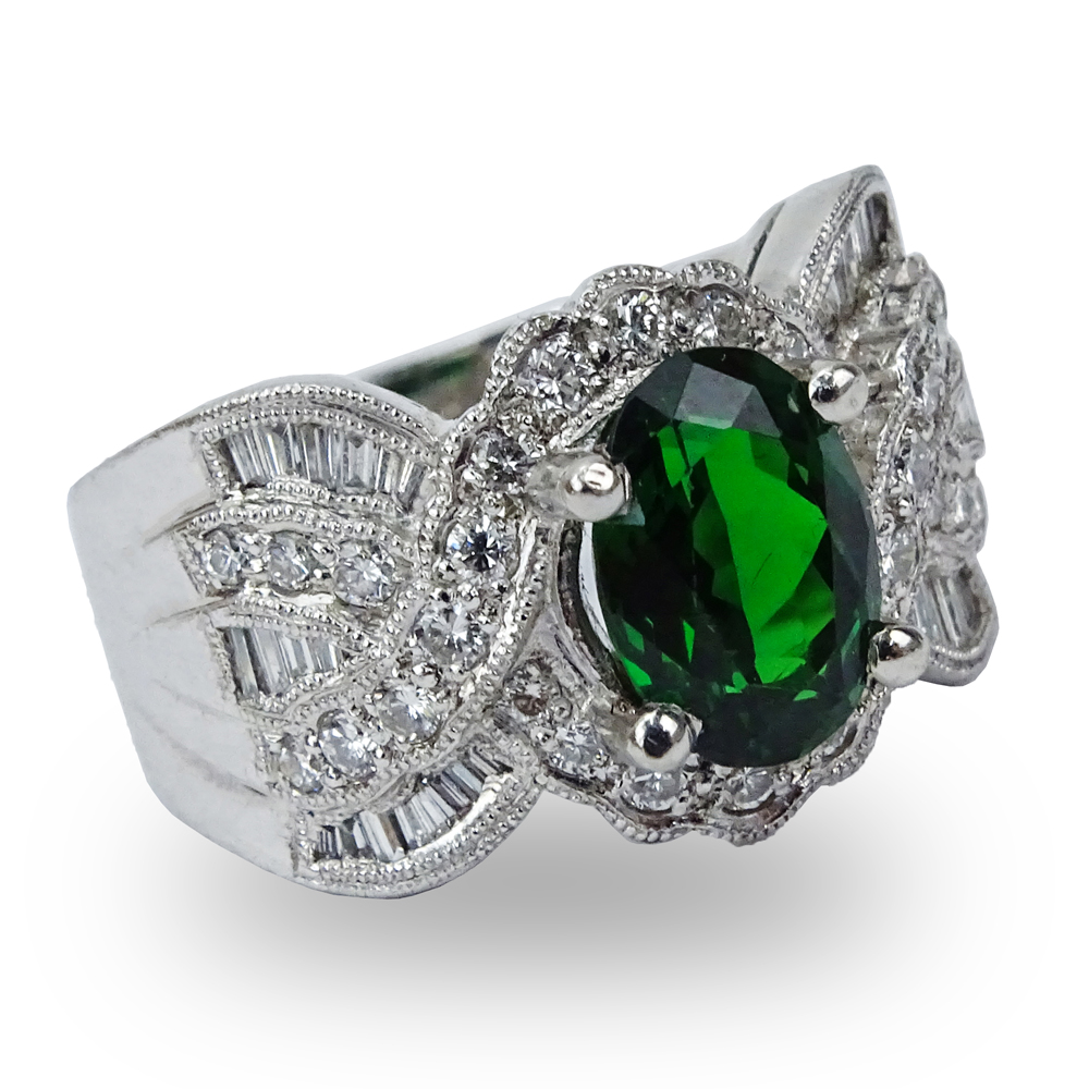 2.50 Carat Oval Cut Tsavorite Garnet, .84 carat Diamond and Platinum Ring.