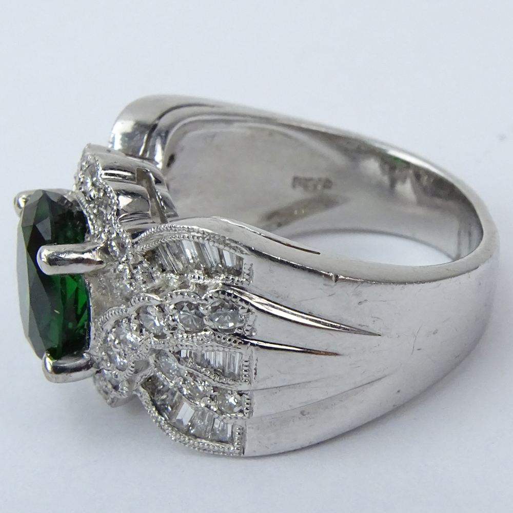 2.50 Carat Oval Cut Tsavorite Garnet, .84 carat Diamond and Platinum Ring.