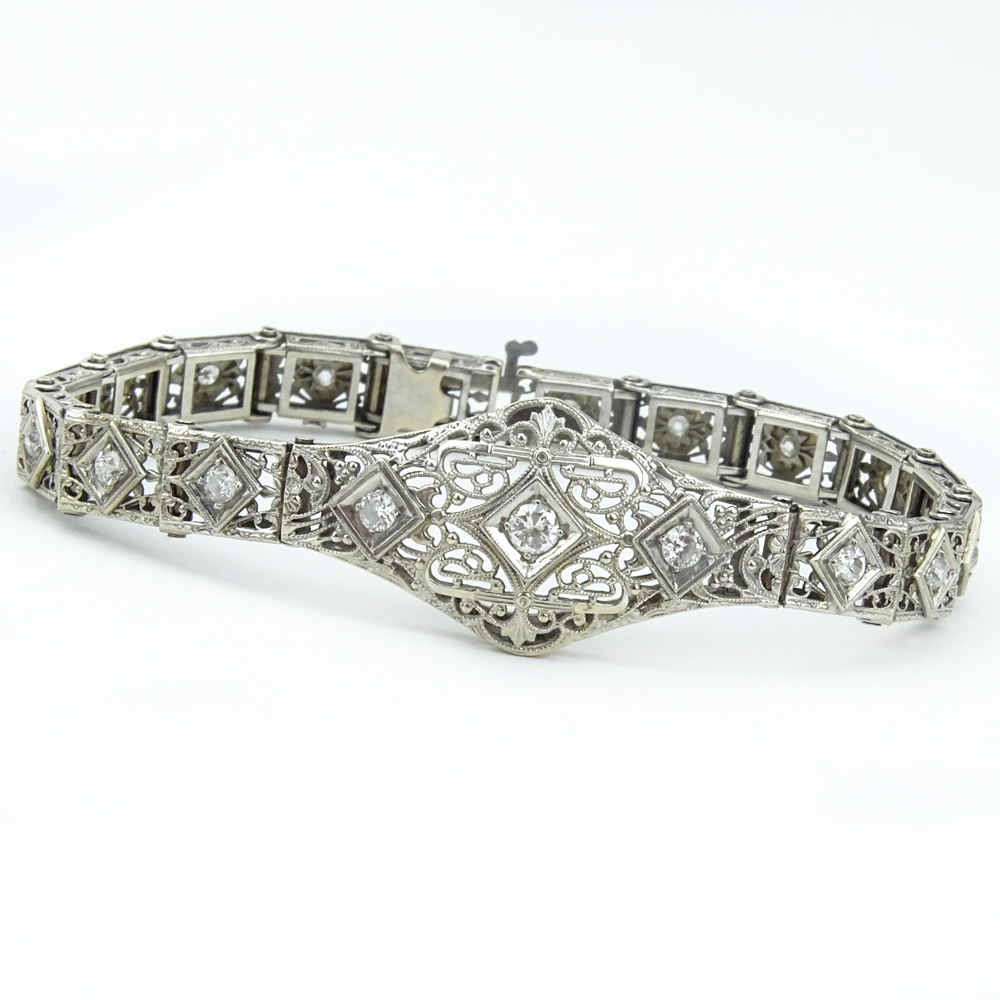 1.50 Carat Old European Cut Diamond and Filigree 14 Karat White Gold Bracelet.