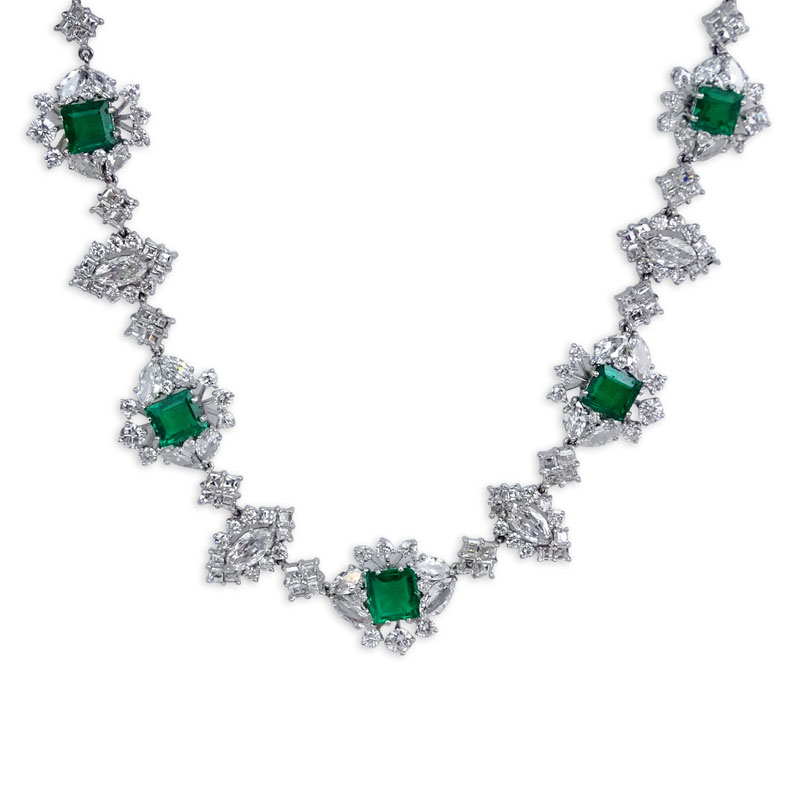 8.50 Carat Colombian Muzo Mine Octagonal Step Cut Emerald, 48.88 Carat Marquise, Round and Square Cut Diamond and Platinum Necklace. 