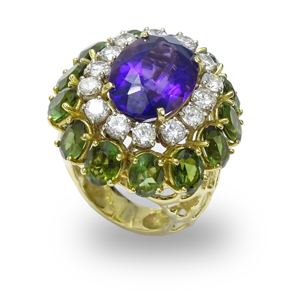  3.50 Carat Round Brilliant Cut Diamond, 12.0 Carat Oval Cut Amethyst, 10.0 Carat Green Tourmaline and 18 Karat Yellow Gold Ring / Pendant. 