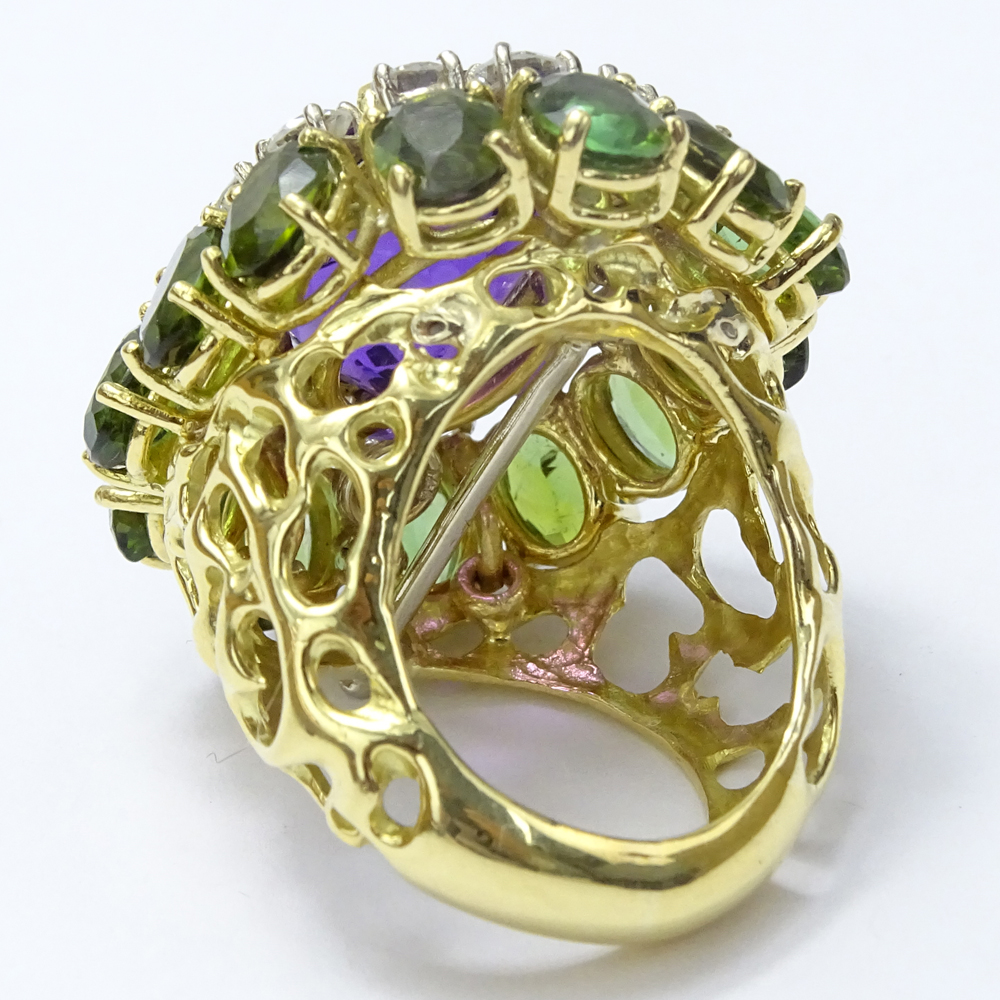  3.50 Carat Round Brilliant Cut Diamond, 12.0 Carat Oval Cut Amethyst, 10.0 Carat Green Tourmaline and 18 Karat Yellow Gold Ring / Pendant. 