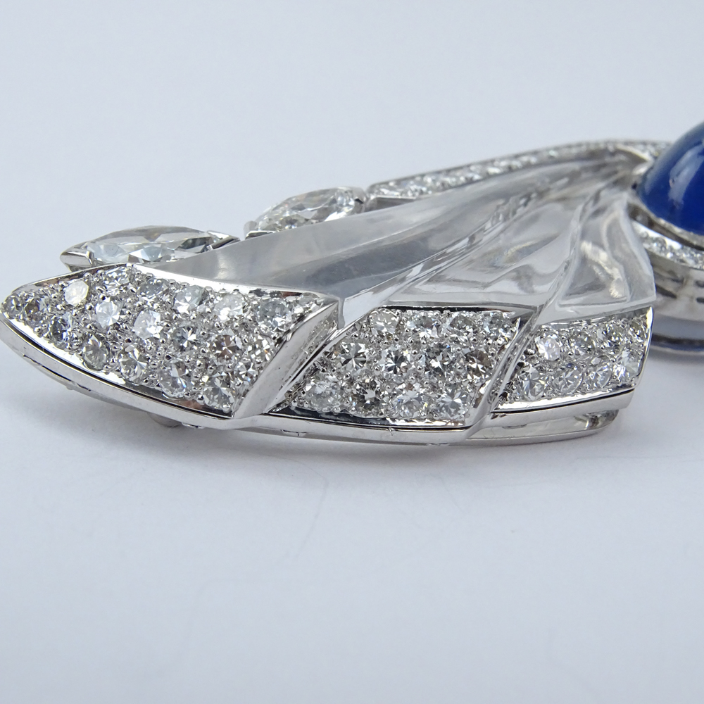  10.03 Carat Oval Cabochon No Heat Burma Sapphire, Diamond, 18 Karat White Gold and Carved Crystal Brooch.