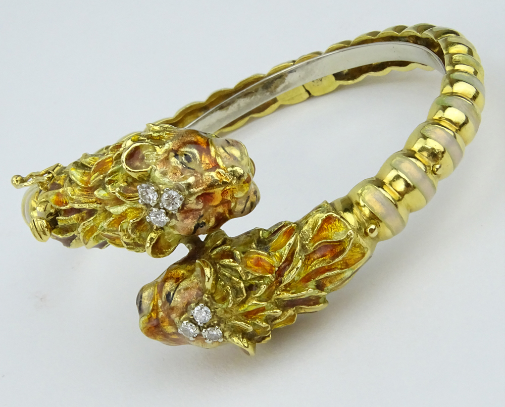 Vintage Italian 18 Karat Yellow Gold Tiger Bangle Bracelet with Diamond and Enamel Accents