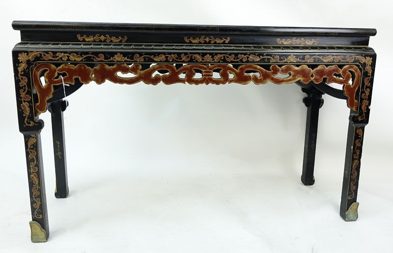 Mid Century Modern Chinese Black Lacquer and Painted Console Table