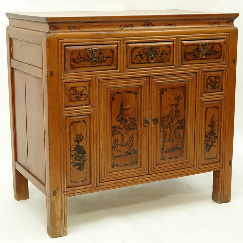 Circa 1900 Chinese Cypress Wood Cabinet with Three (3) Drawers, Two (2) Doors, Painted Decoration to Front