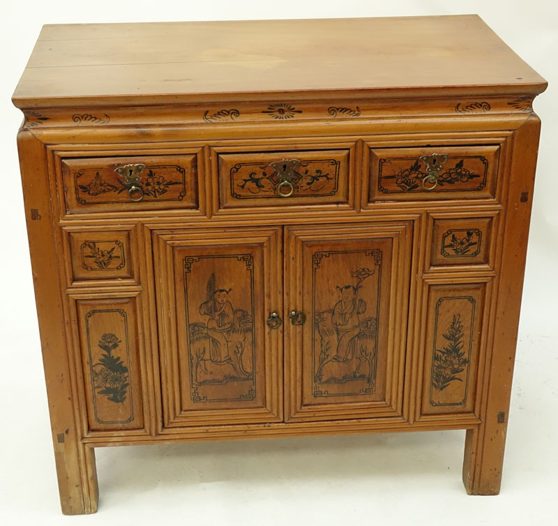 Circa 1900 Chinese Cypress Wood Cabinet with Three (3) Drawers, Two (2) Doors, Painted Decoration to Front