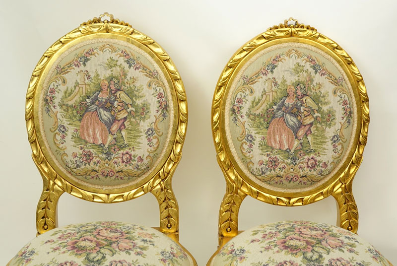 Pair of 20th Century Louis XVI Style Giltwood and Upholstered Balloon Back Chairs