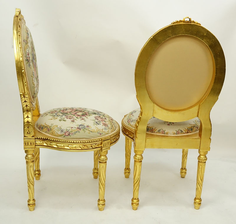 Pair of 20th Century Louis XVI Style Giltwood and Upholstered Balloon Back Chairs