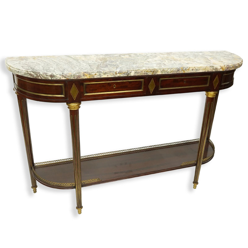 Earyly to Mid 20th Century French Louis XVI Style Gilt Bronze Mounted Mahogany Marble Top Console Table