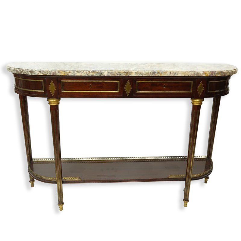 Earyly to Mid 20th Century French Louis XVI Style Gilt Bronze Mounted Mahogany Marble Top Console Table