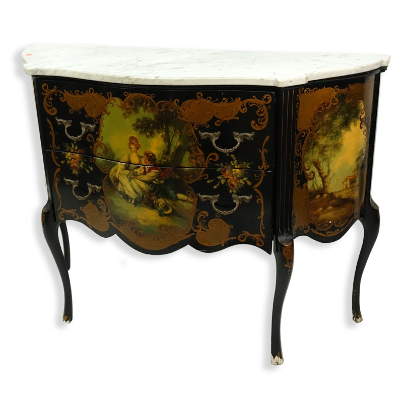 20th Century Louis XV Style and Vernis Martin Style Black Lacquer and Gilt Marble Top Commode