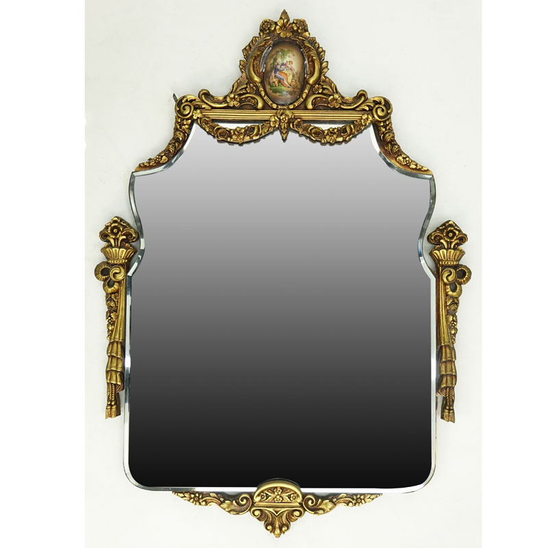 Mid-Century Giltwood Mirror with Inset Decorative Plaque