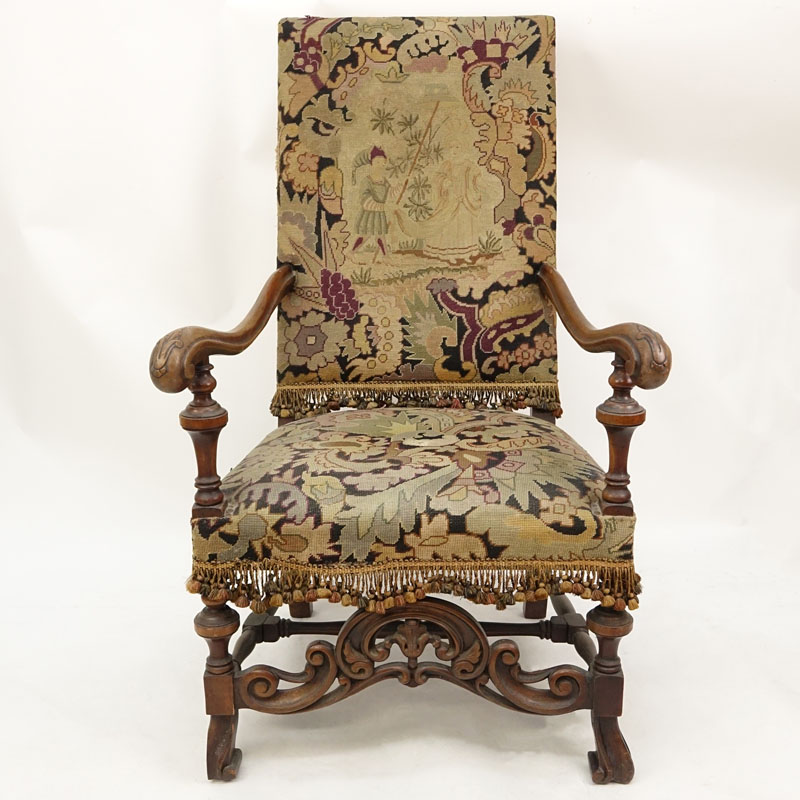 Renaissance Revival Carved Wood And Tapestry Tall Back Arm Chair