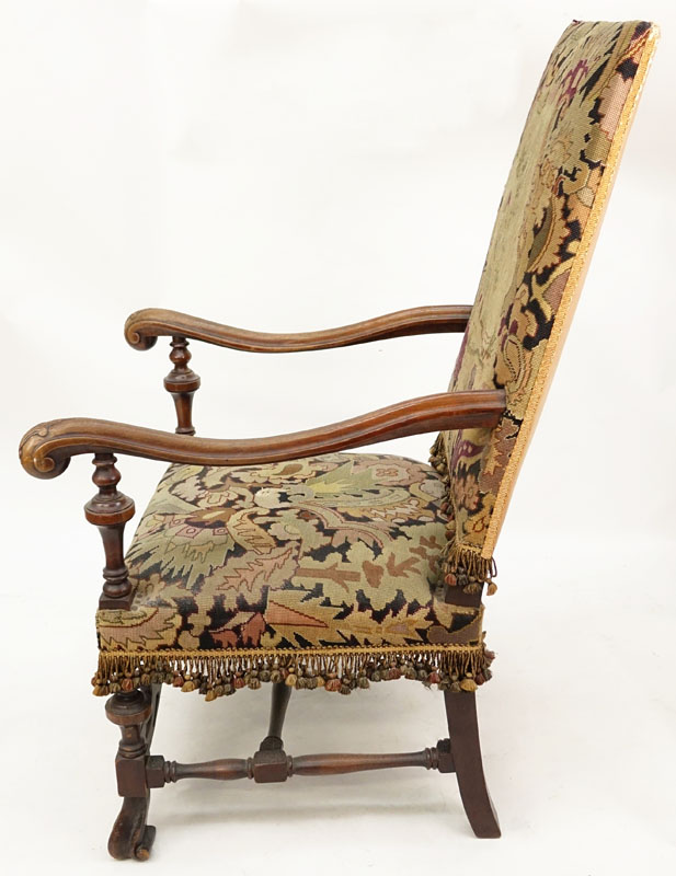 Renaissance Revival Carved Wood And Tapestry Tall Back Arm Chair