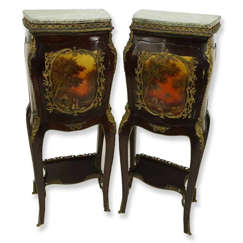 Pair of 20th Century Louis XV Style and Vernis Martin Style Ormolu Mounted Green Marble Top Cabinets