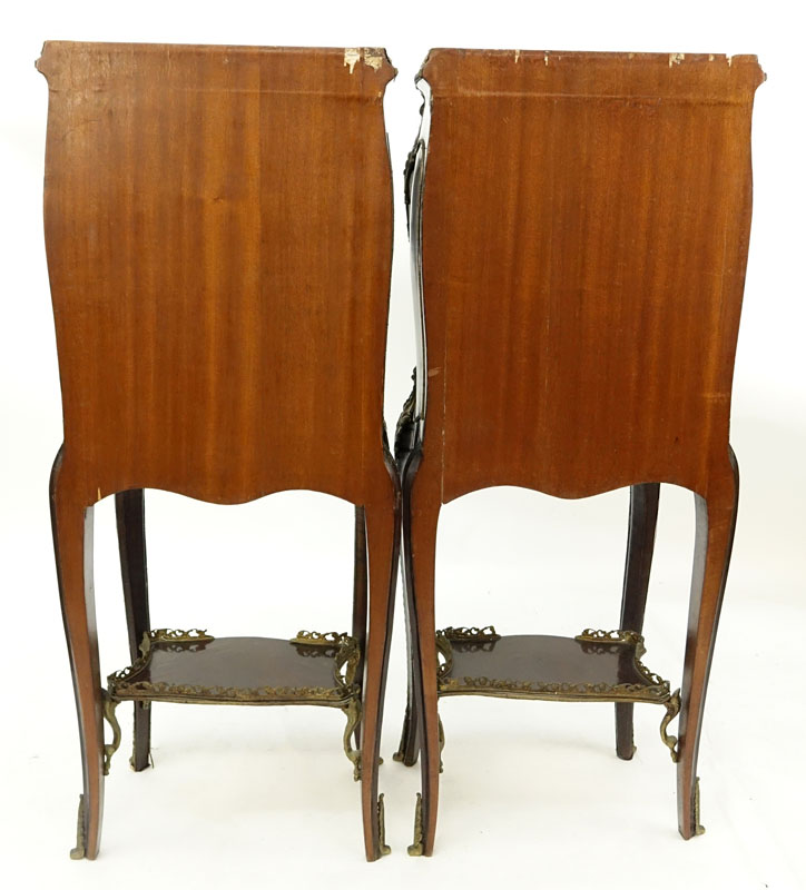 Pair of 20th Century Louis XV Style and Vernis Martin Style Ormolu Mounted Green Marble Top Cabinets