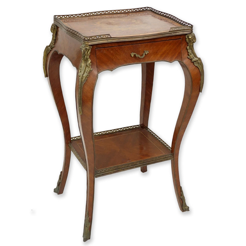 20th Century Louis XV Style Bronze Mounted Marquetry Inlaid Side Table with Drawer