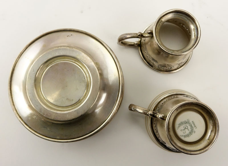 Set of Sterling and Porcelain Demitasse Cups and Saucers