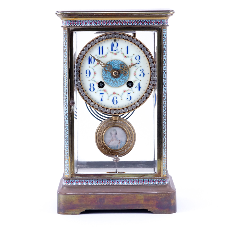 Antique French ChamplevŽ Regulator Clock With Hand Painted Porcelain Dial and Jeweled Bezel