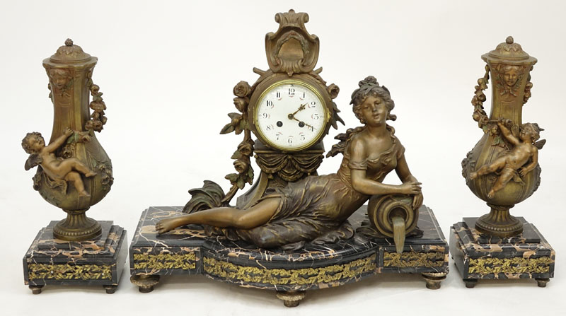 L & F Moreau Art Nouveau French Metal and Marble Clock Garniture