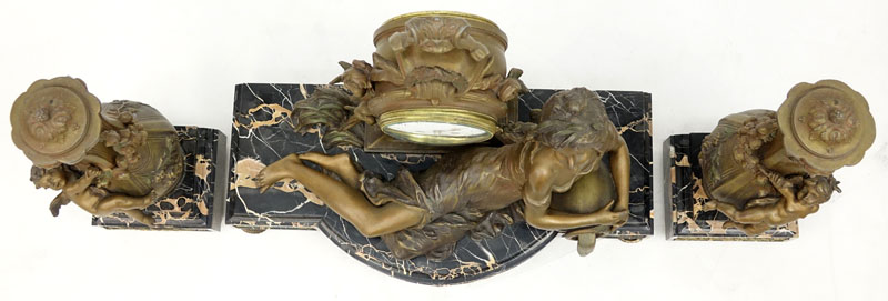 L & F Moreau Art Nouveau French Metal and Marble Clock Garniture