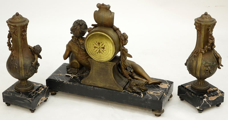 L & F Moreau Art Nouveau French Metal and Marble Clock Garniture