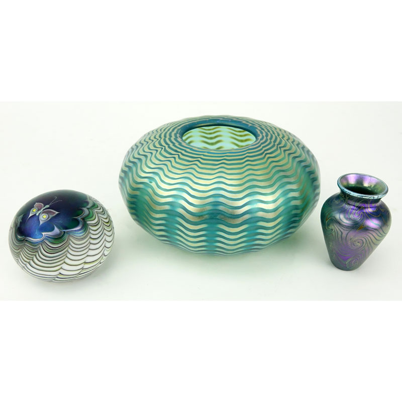 Three (3) Pieces Art Glass Including Lundberg Paperweight, Lundberg small vase, signed round vase