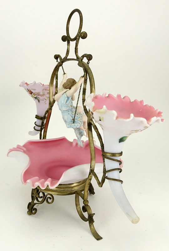 Victorian Cased Glass Figural Epergne With Figures On A Swing