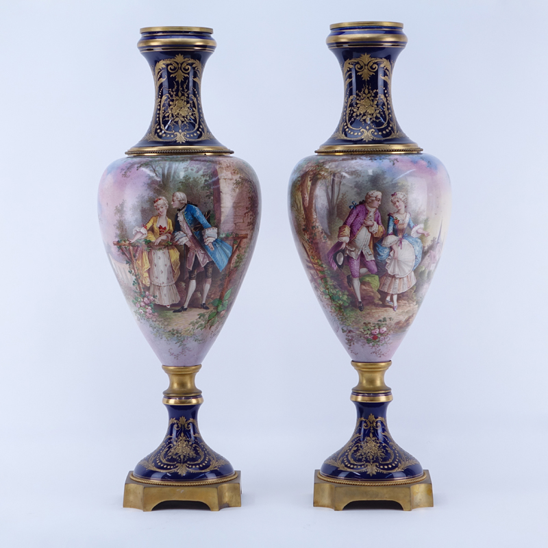 Pair of 19/20th Century Sevres Cobalt and Gilt Scroll Porcelain Urns as Lamps