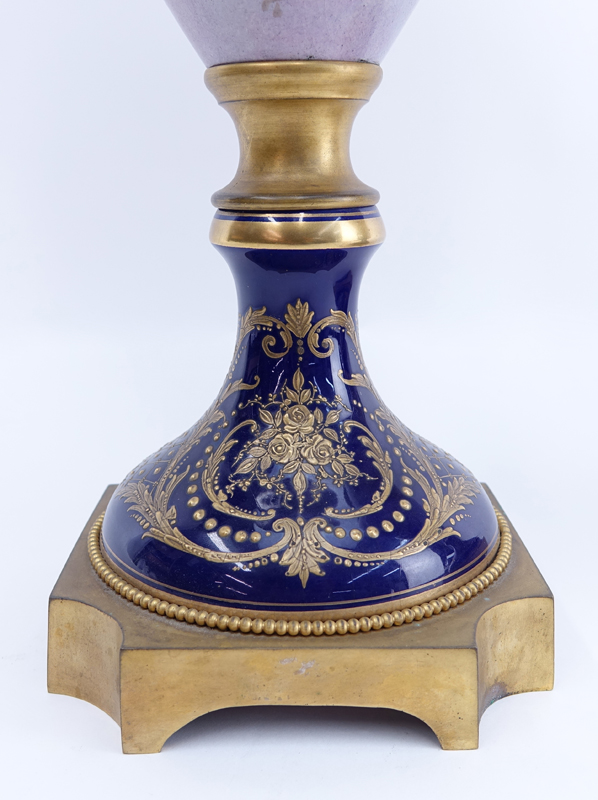 Pair of 19/20th Century Sevres Cobalt and Gilt Scroll Porcelain Urns as Lamps