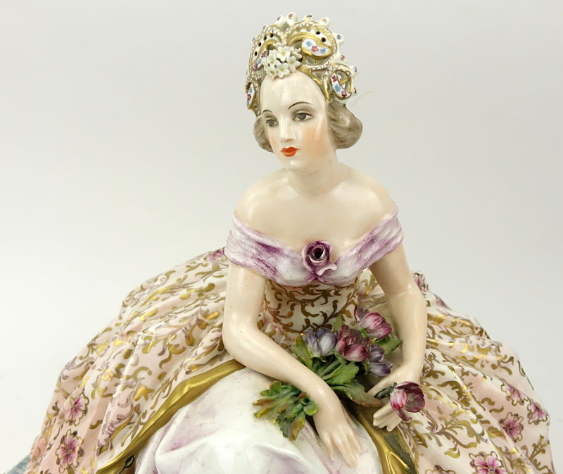 Large Antique Capodimonte Hand painted Seated Dignified Woman Porcelain Figurine