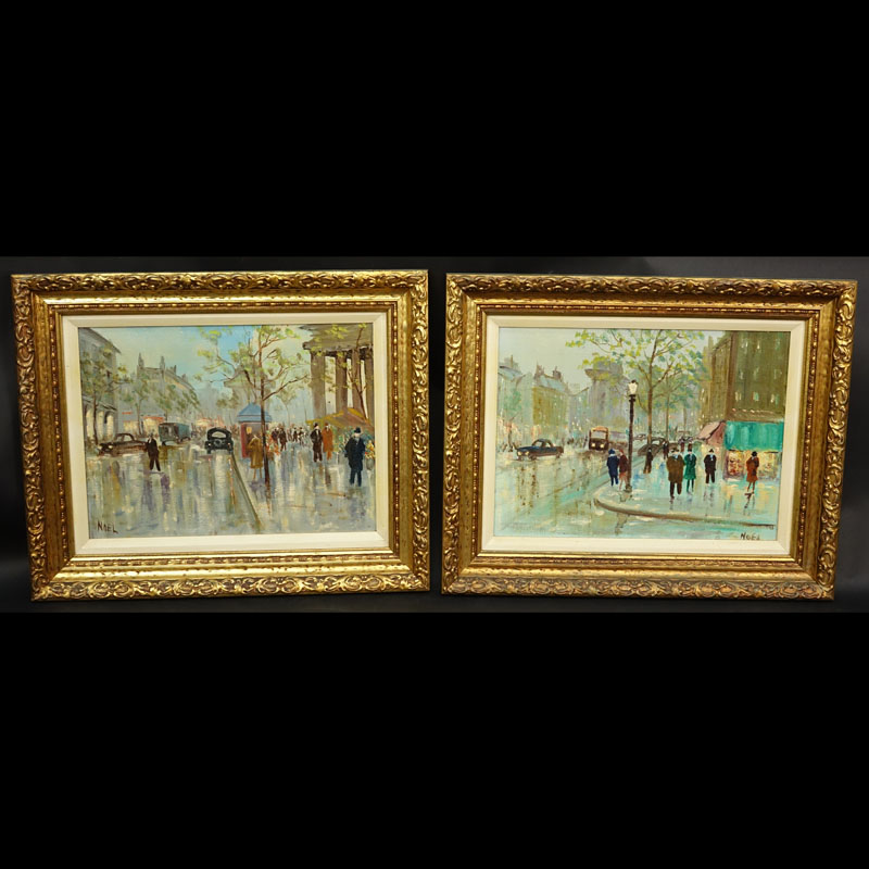 Pair Mid-Century Paris Street Oil On Canvas paintings Signed Noel