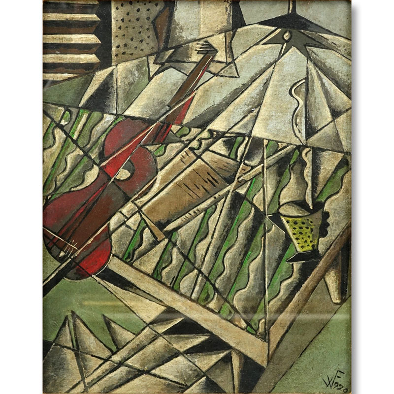 German School Oil On Card "Cubist Still Life With Guitar"