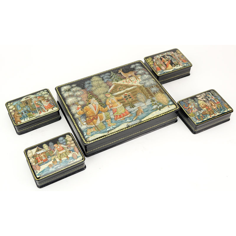 Large Russian Lacquer Box with Four (4) Smaller Boxes Inside