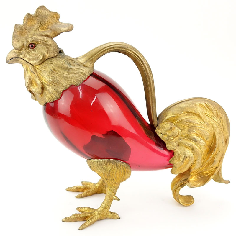 20th Century Gilt Metal Mounted and Cranberry Glass Rooster Form Decanter