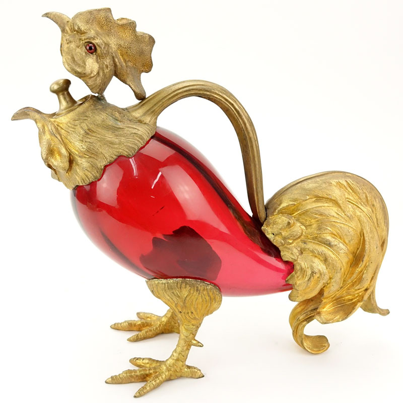20th Century Gilt Metal Mounted and Cranberry Glass Rooster Form Decanter