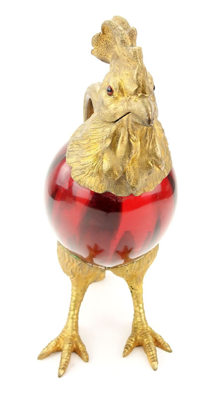 20th Century Gilt Metal Mounted and Cranberry Glass Rooster Form Decanter