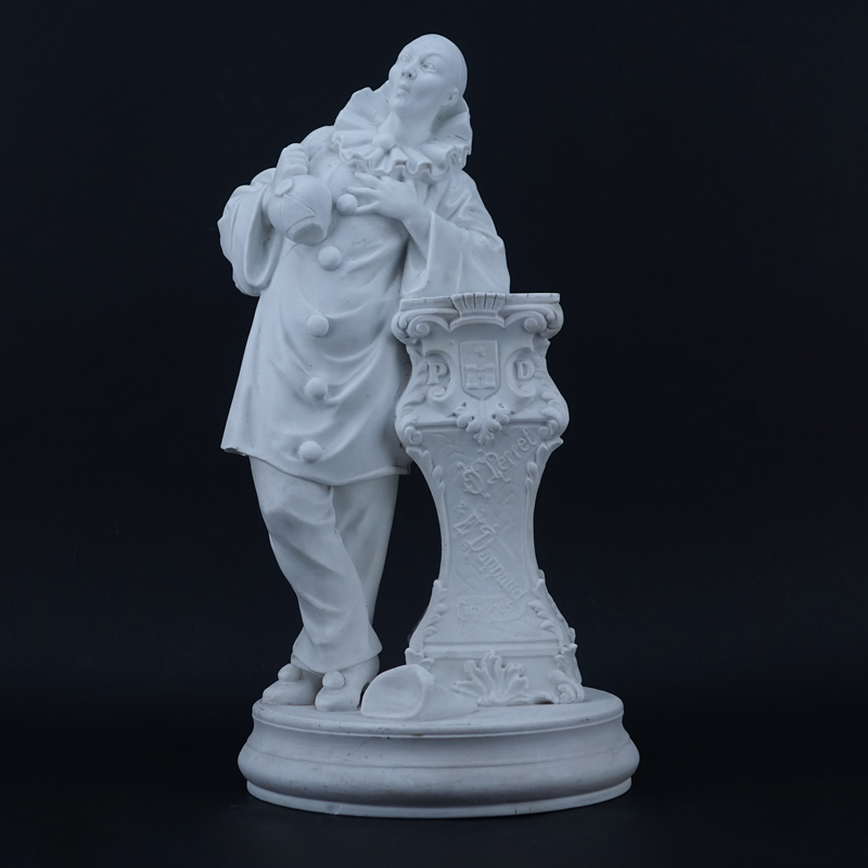 Large Perret & E. Dannaud, Limoges White Bisque Porcelain Sculpture of a Clown.