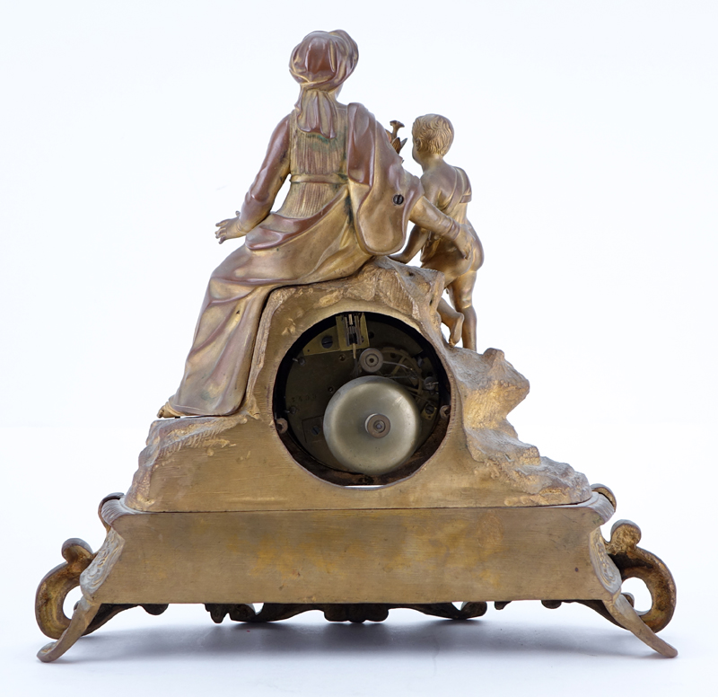 Antique French Gilt Bronze Figural Clock With Porcelain Panels