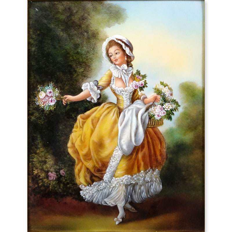 After: Jean-Frederic Schall, French (1752 - 1825) Limoges "Dancer with Flowers" Enamel Hand Painted on Copper Plaque Signed M