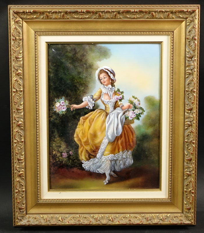 After: Jean-Frederic Schall, French (1752 - 1825) Limoges "Dancer with Flowers" Enamel Hand Painted on Copper Plaque Signed M